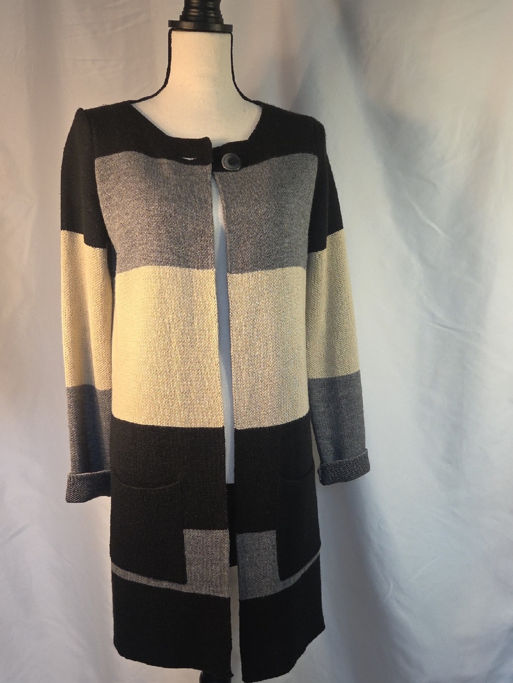 Cocogio Block-Stripe Long Knit Cardigan Sweater - Black, Gray, Cream